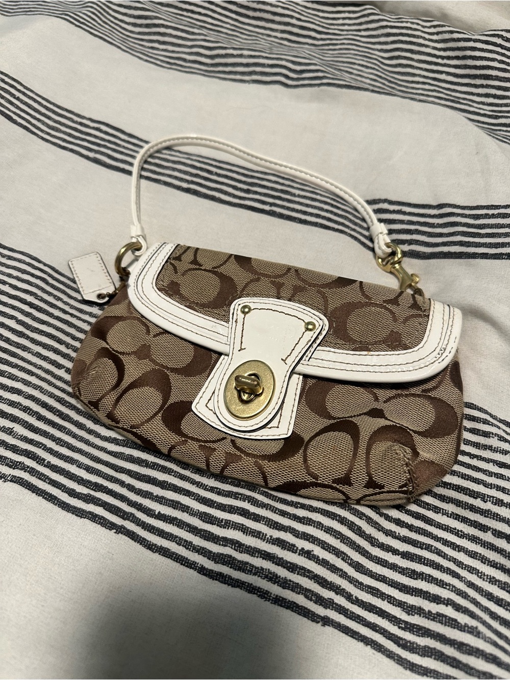 Y2K Coach Mini Shoulder Bag in Brown Logo Canvas with White Trim